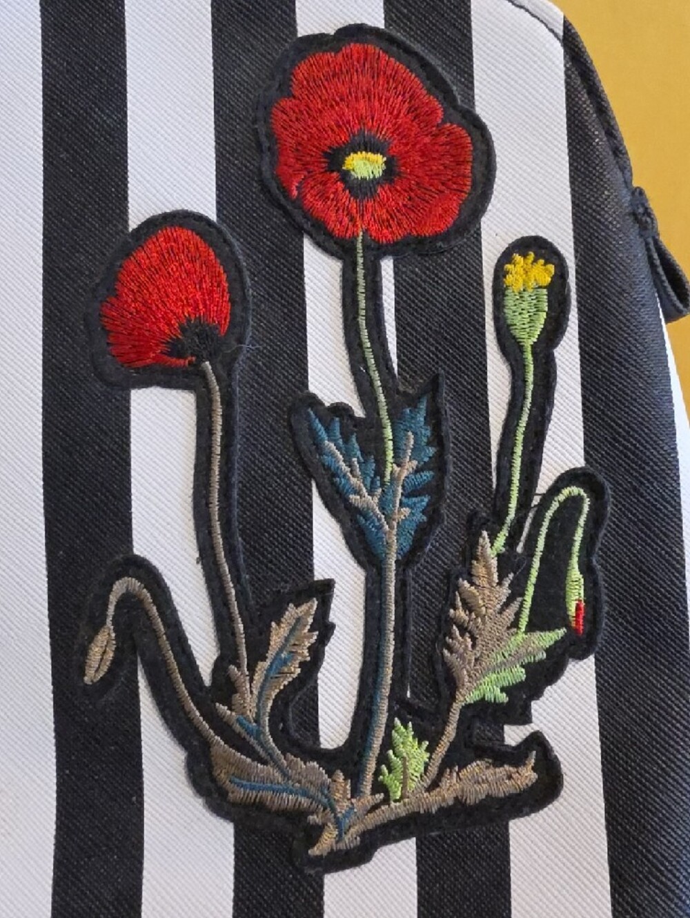 Nordstrom Striped Cosmetic Makeup Bag Featuring Red Poppy Flower Embroidery